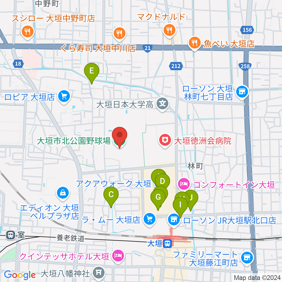 大垣市北公園野球場周辺のカフェ一覧地図