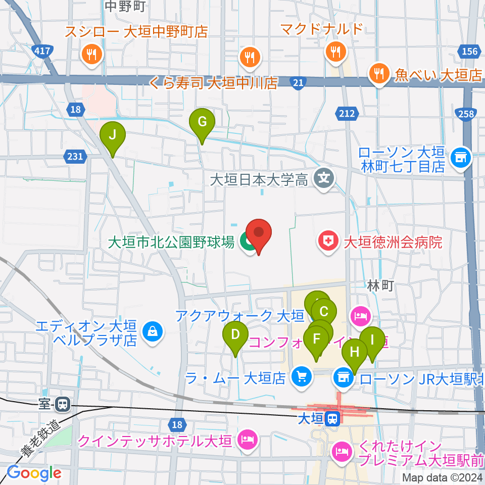 大垣市北公園陸上競技場周辺のカフェ一覧地図