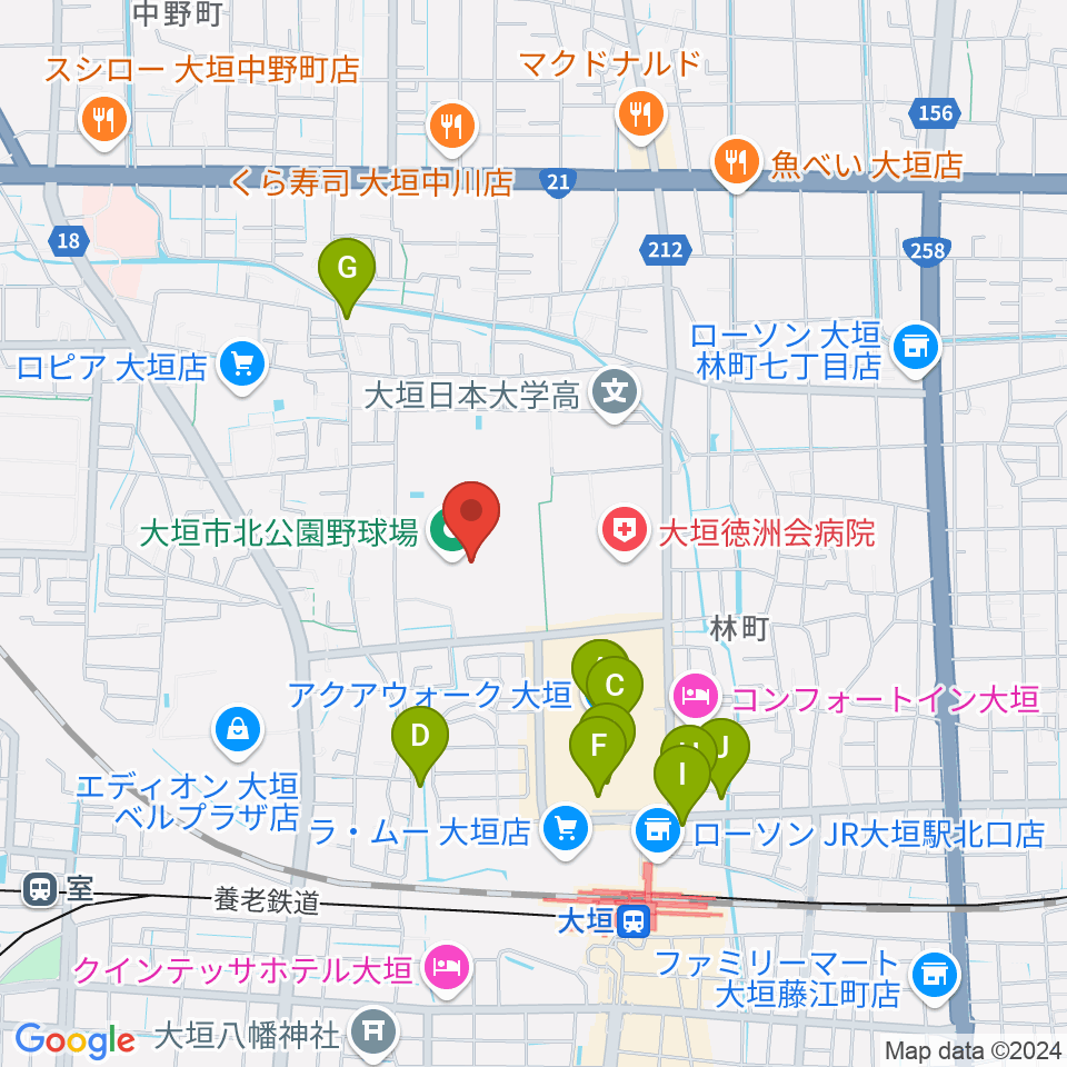 大垣市北公園陸上競技場周辺のカフェ一覧地図