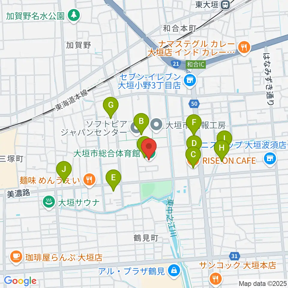 大垣市総合体育館周辺のカフェ一覧地図