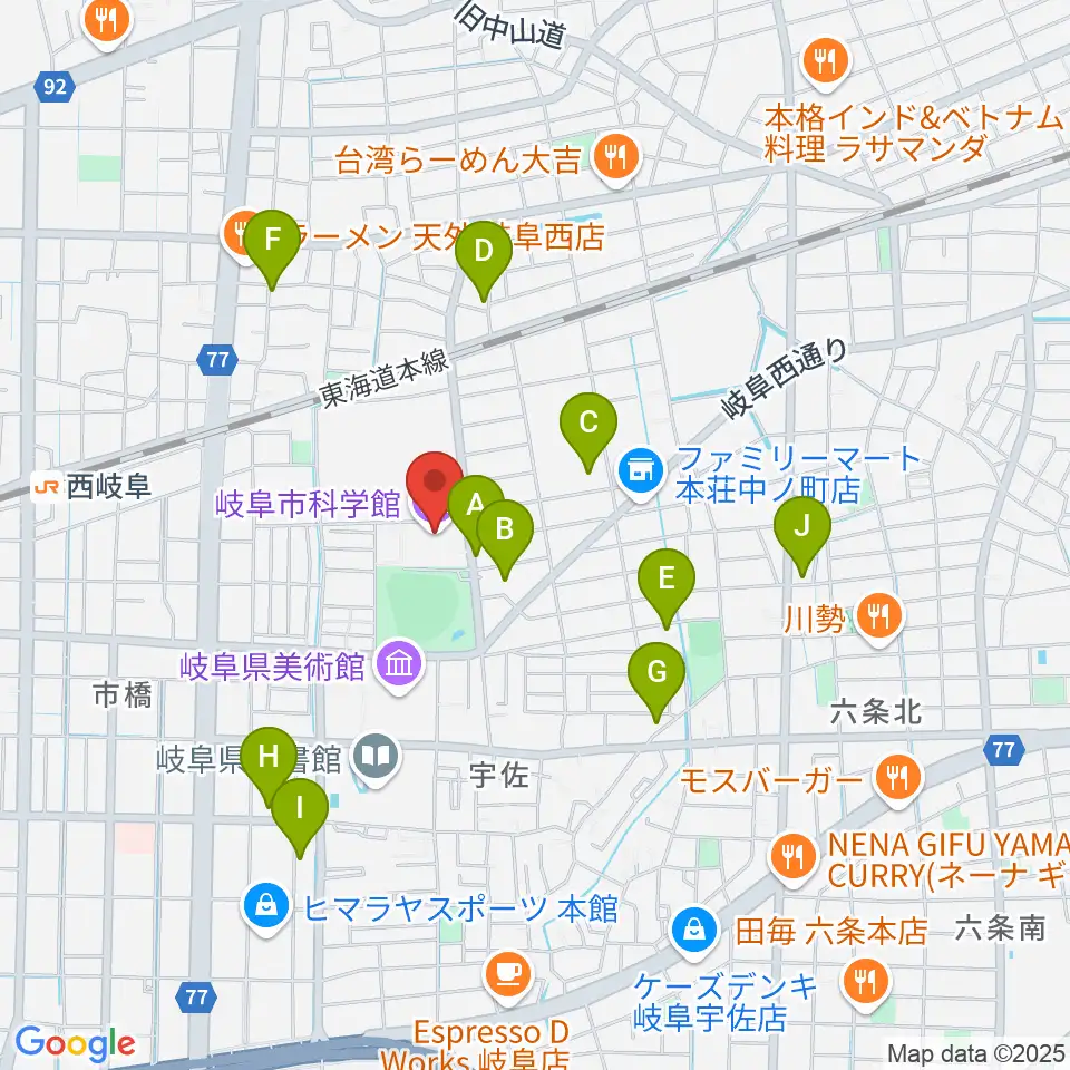 岐阜市科学館周辺のカフェ一覧地図