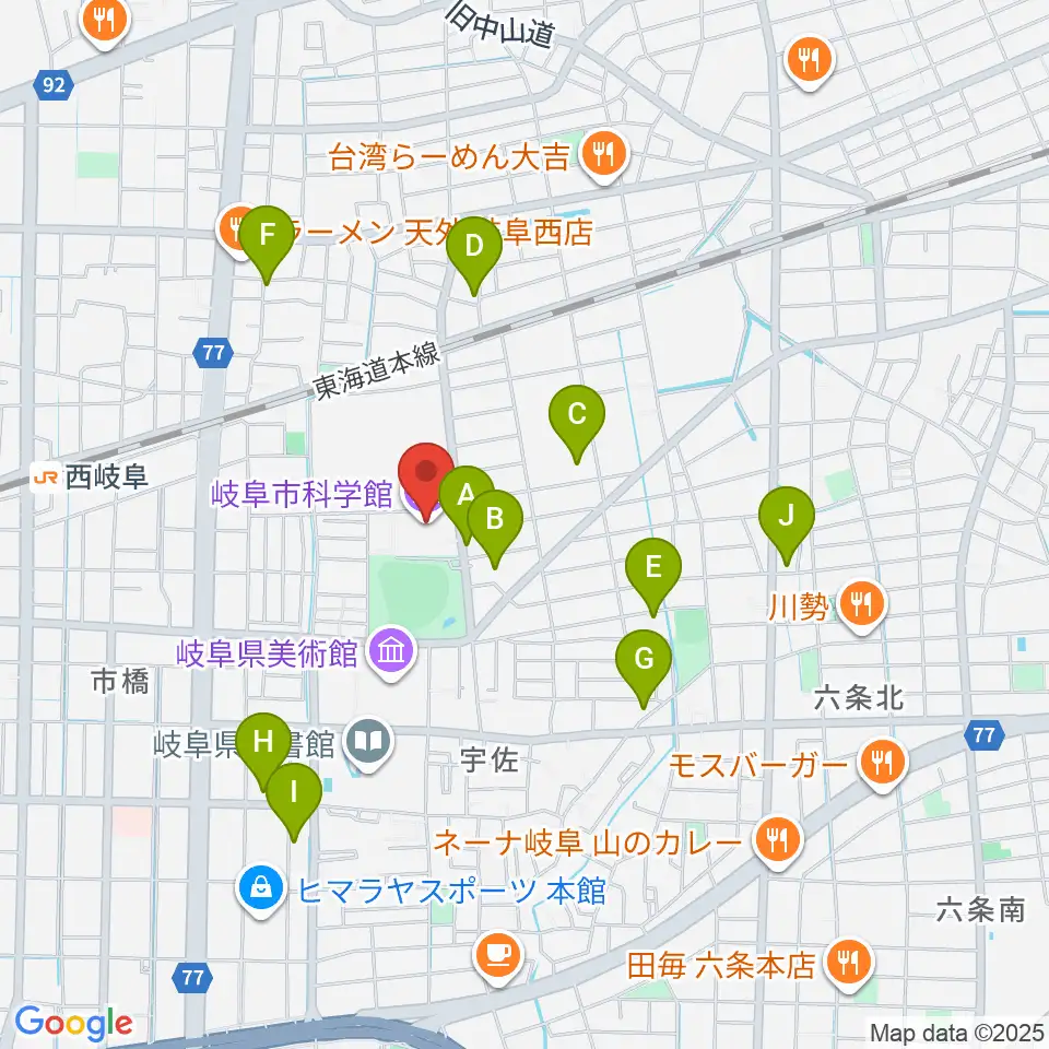岐阜市科学館周辺のカフェ一覧地図