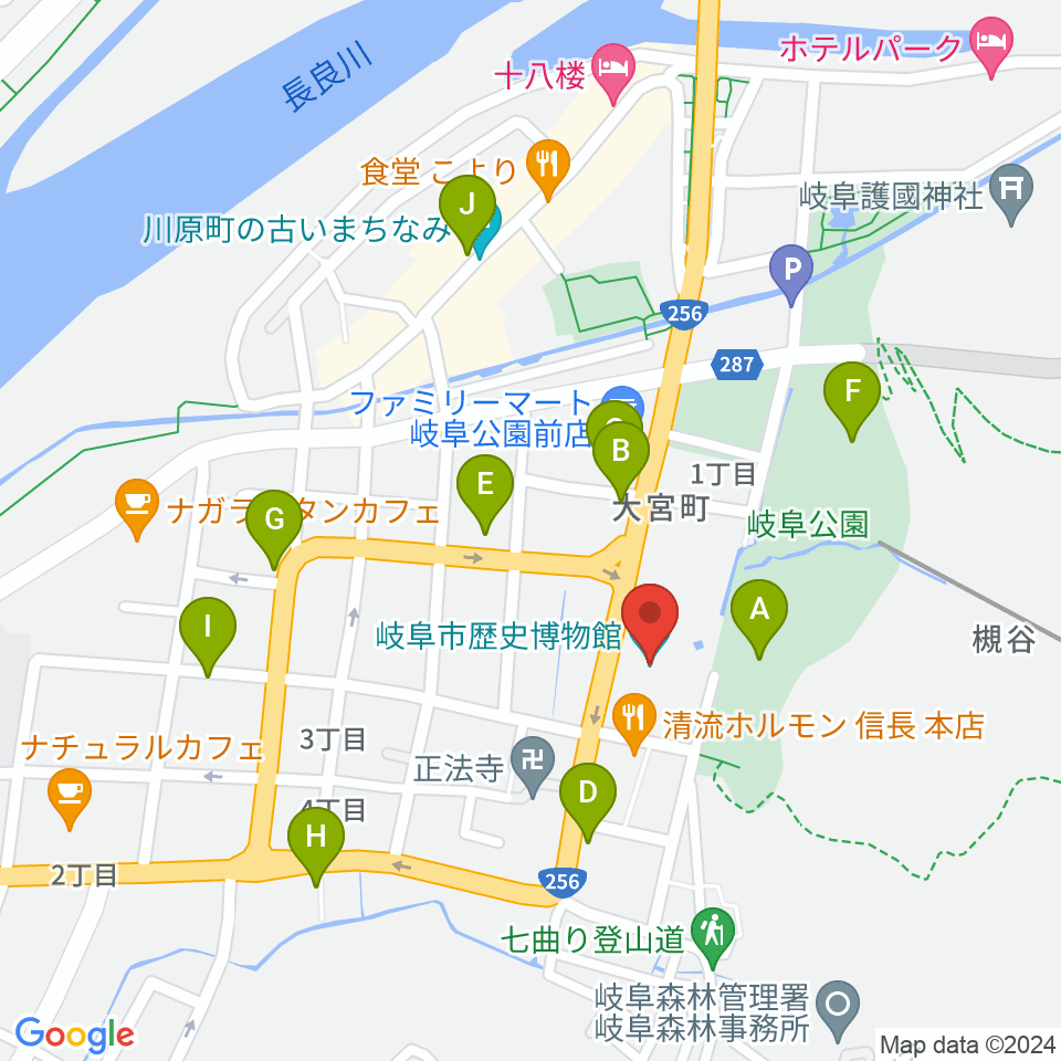 岐阜市歴史博物館周辺のカフェ一覧地図