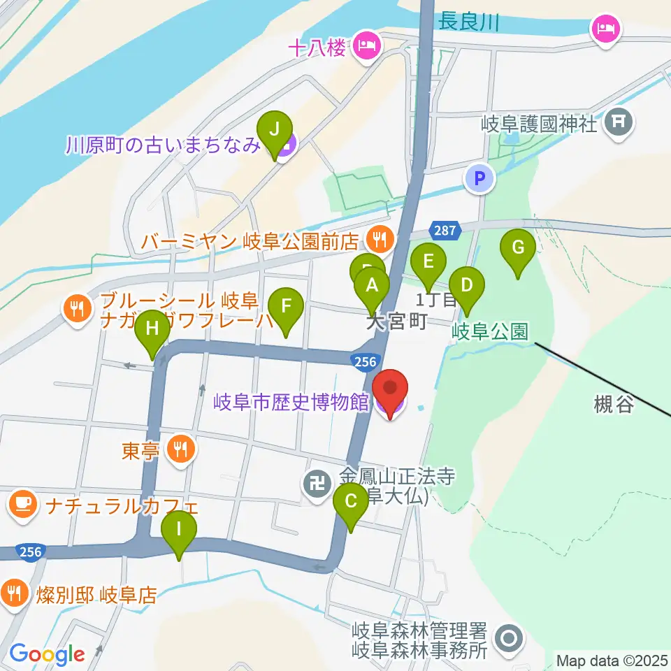 岐阜市歴史博物館周辺のカフェ一覧地図