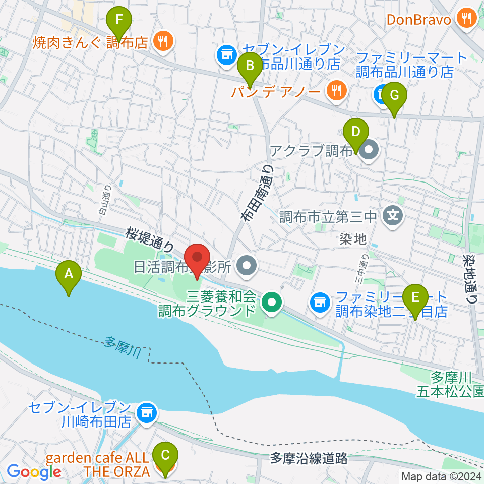 調布市民野球場周辺のカフェ一覧地図