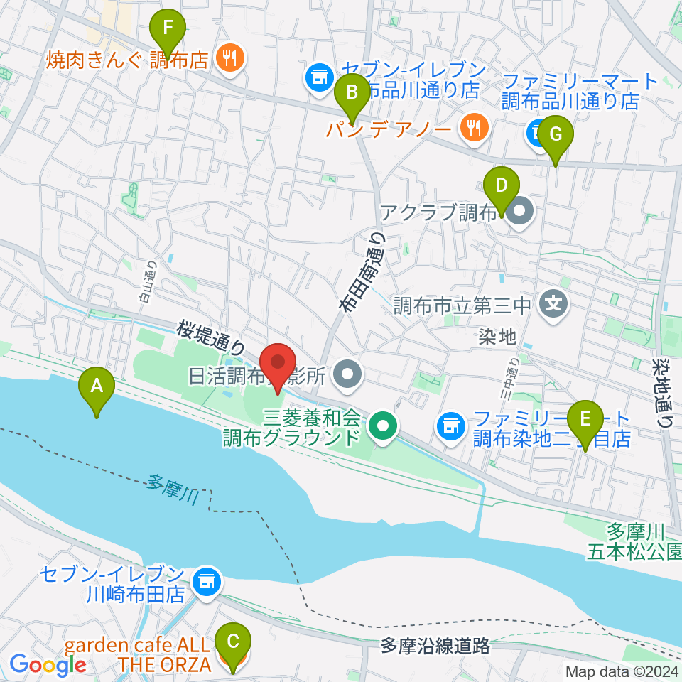 調布市民野球場周辺のカフェ一覧地図