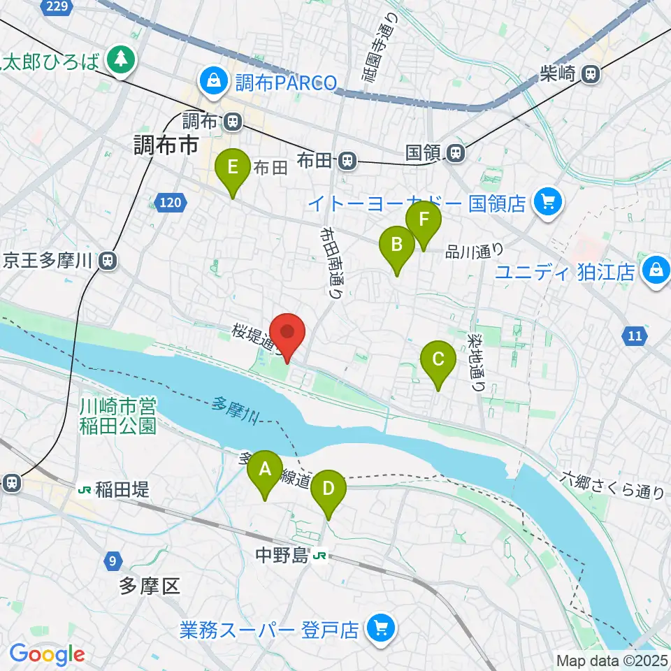 調布市民野球場周辺のカフェ一覧地図