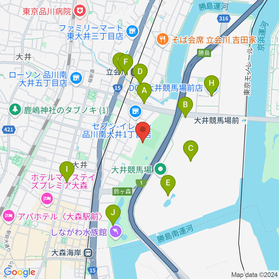 しながわ区民公園野球場周辺のカフェ一覧地図