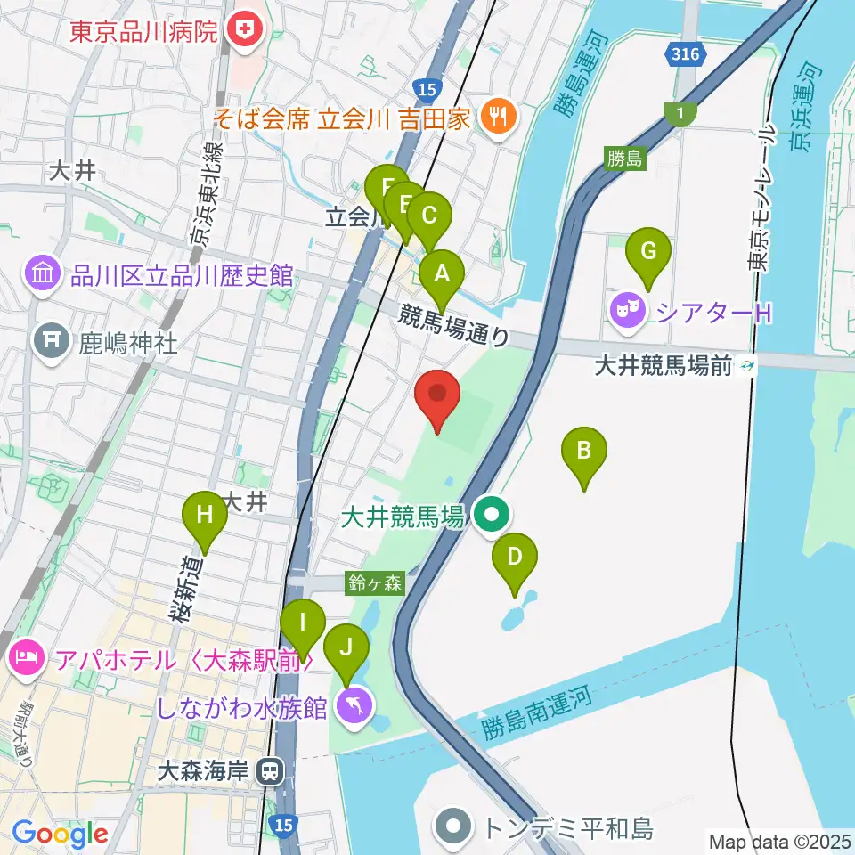しながわ区民公園野球場周辺のカフェ一覧地図