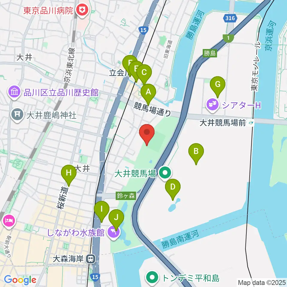 しながわ区民公園野球場周辺のカフェ一覧地図