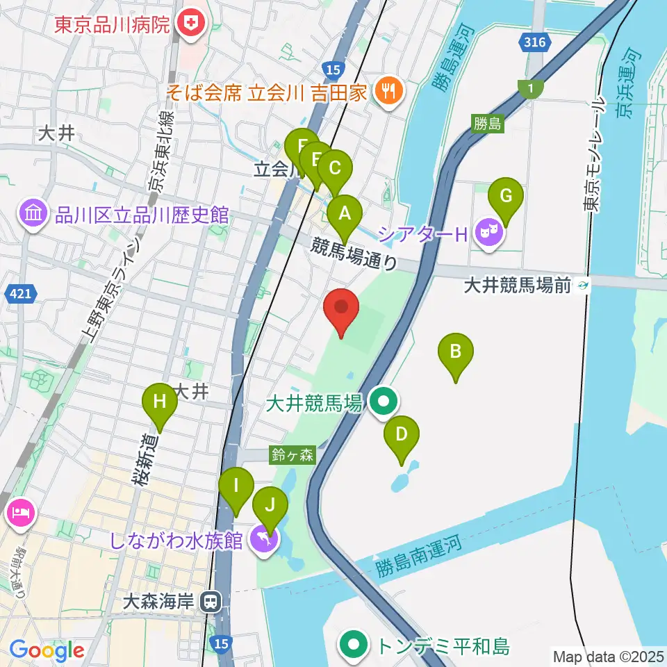 しながわ区民公園野球場周辺のカフェ一覧地図