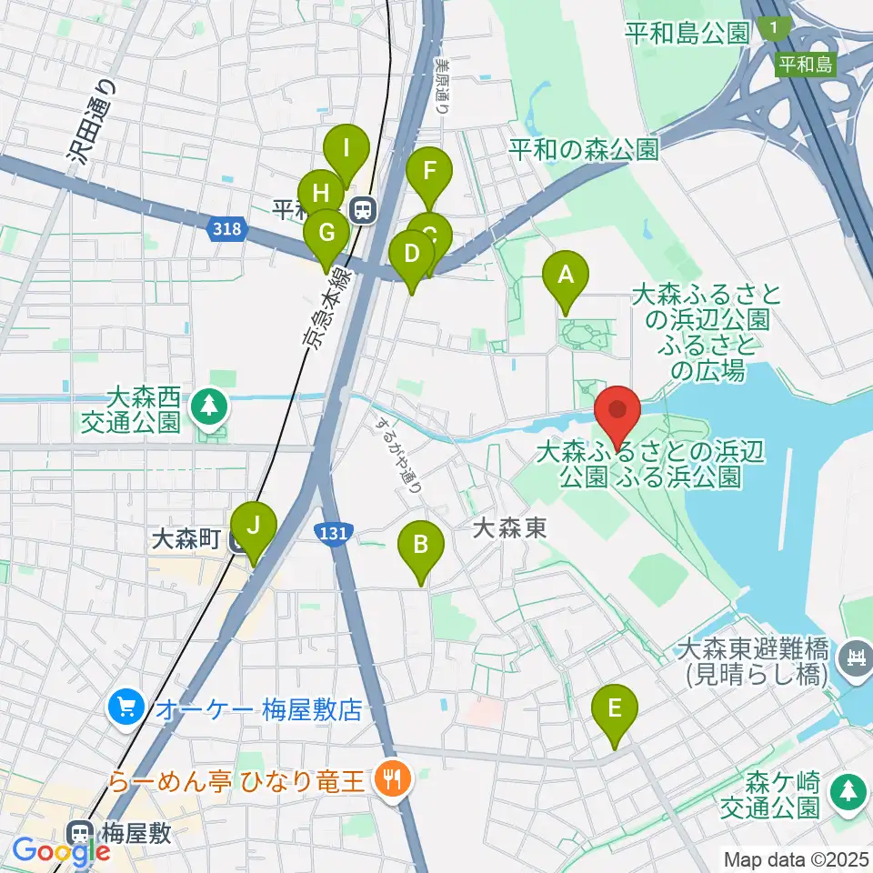 大森ふるさとの浜辺公園 多目的スポーツ場周辺のカフェ一覧地図