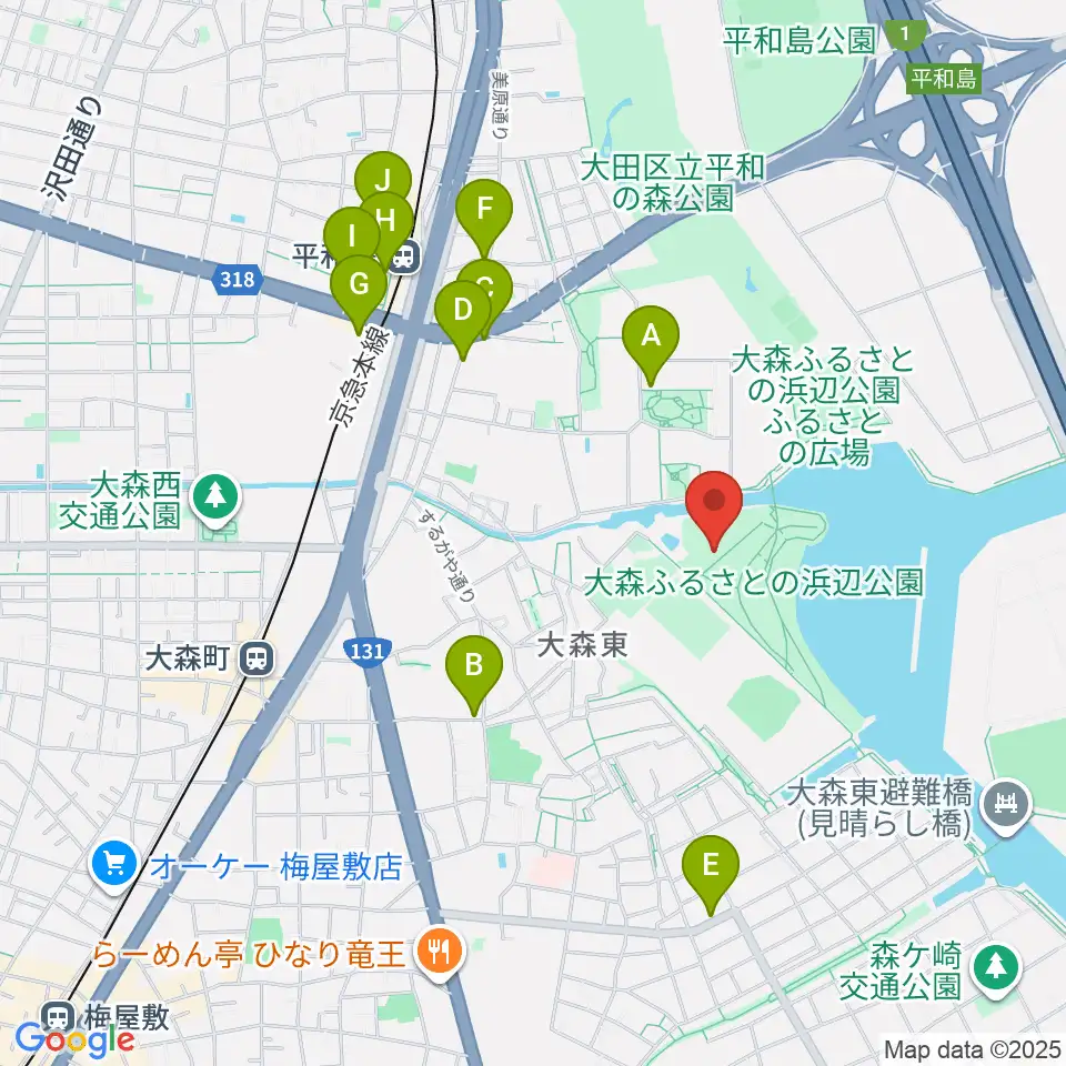 大森ふるさとの浜辺公園 多目的スポーツ場周辺のカフェ一覧地図