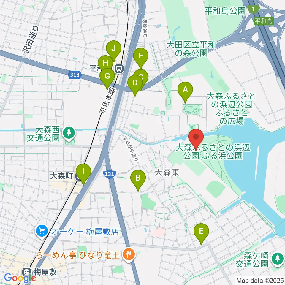 大森ふるさとの浜辺公園フットサル場周辺のカフェ一覧地図
