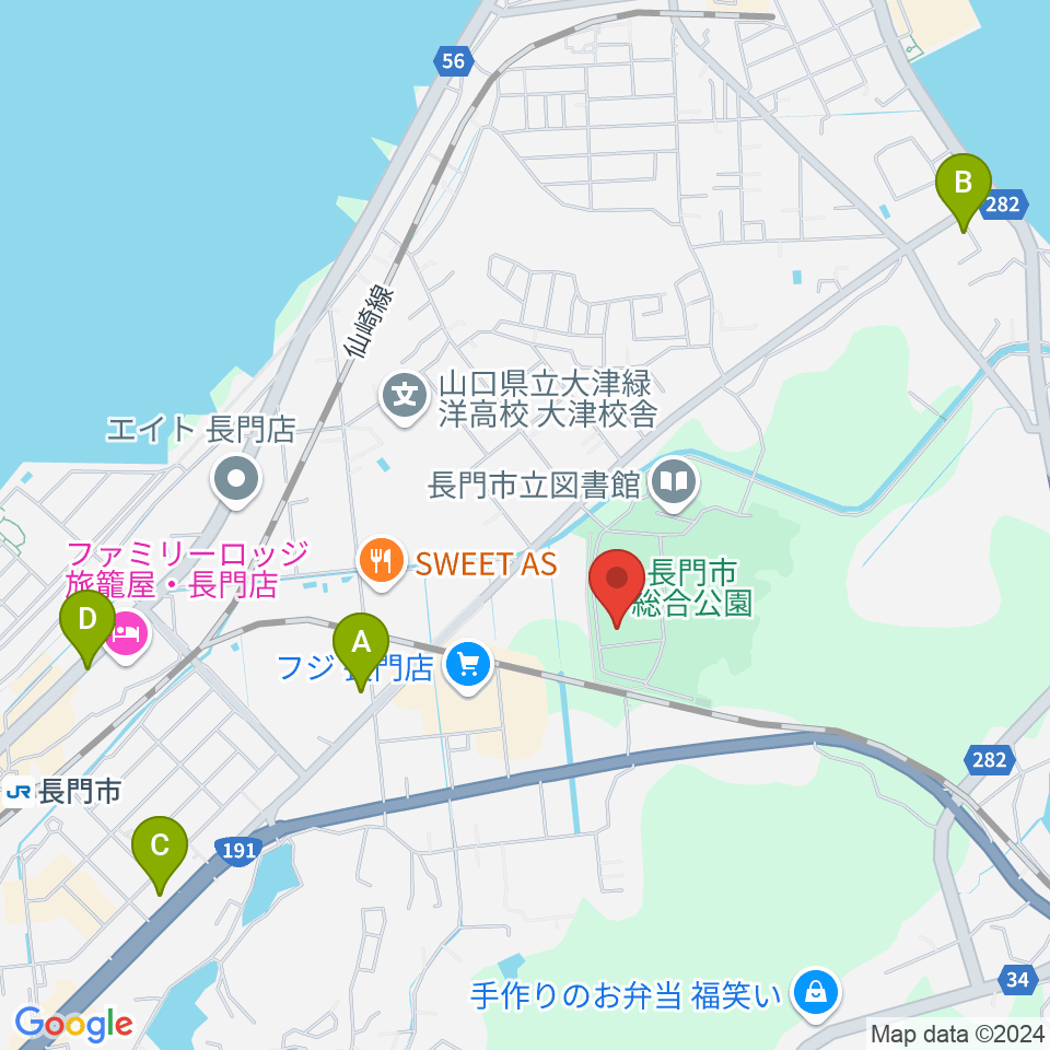 ながと総合体育館周辺のカフェ一覧地図