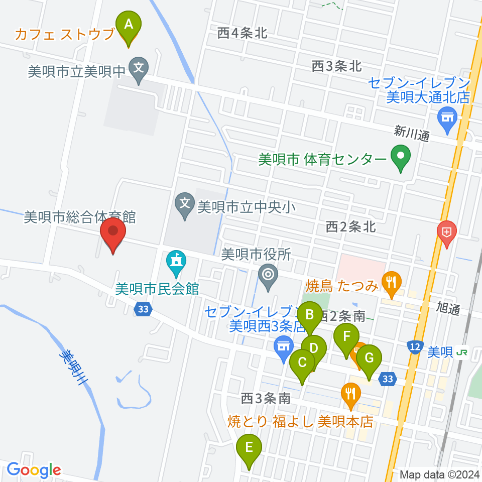 美唄市総合体育館周辺のカフェ一覧地図