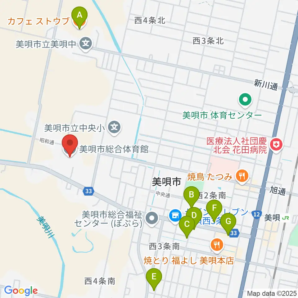 美唄市総合体育館周辺のカフェ一覧地図