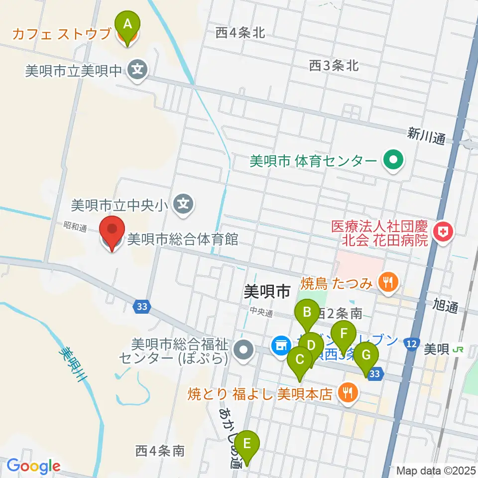 美唄市総合体育館周辺のカフェ一覧地図
