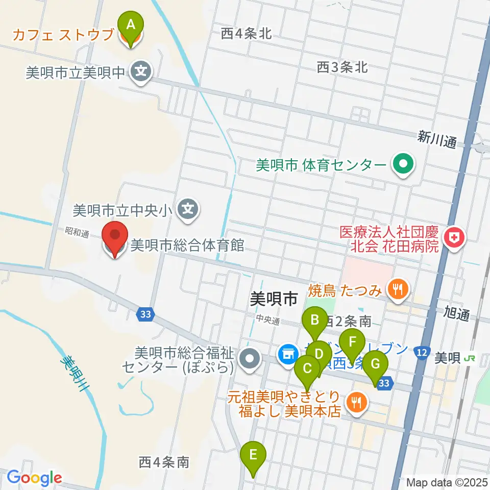 美唄市総合体育館周辺のカフェ一覧地図