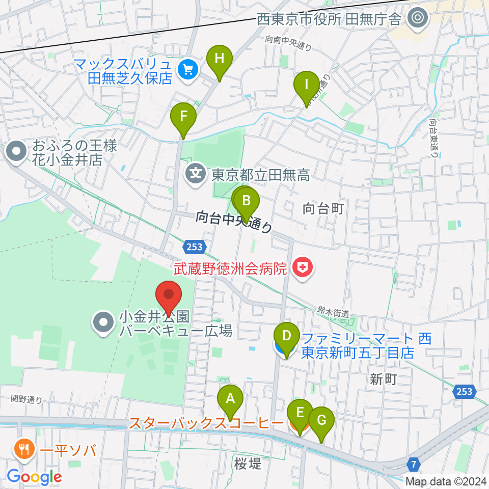 小金井公園野球場周辺のカフェ一覧地図