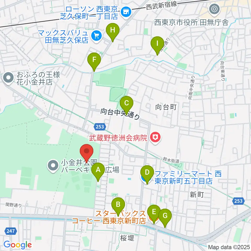 小金井公園野球場周辺のカフェ一覧地図