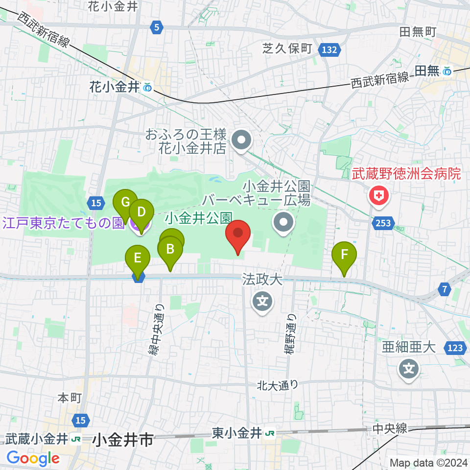 小金井公園弓道場周辺のカフェ一覧地図