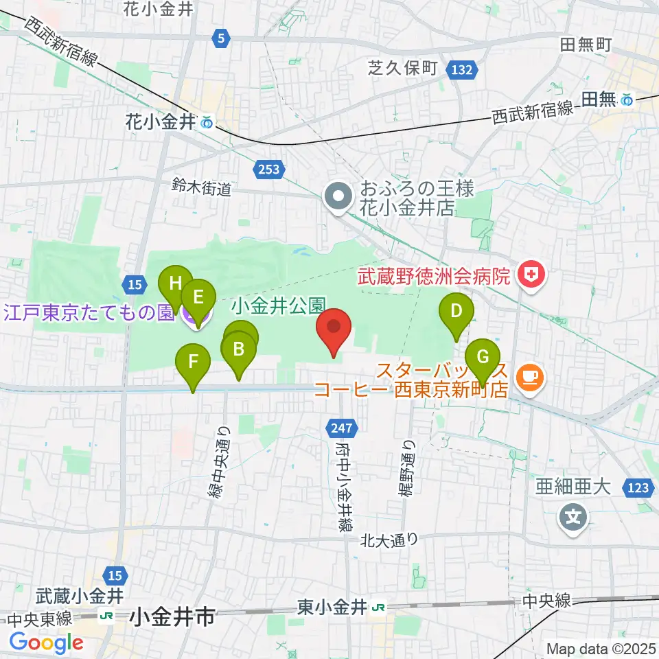 小金井公園弓道場周辺のカフェ一覧地図
