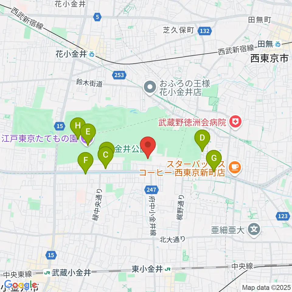 小金井公園弓道場周辺のカフェ一覧地図