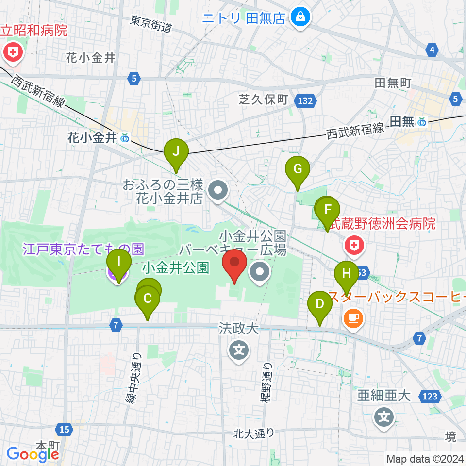 小金井公園多目的運動広場周辺のカフェ一覧地図