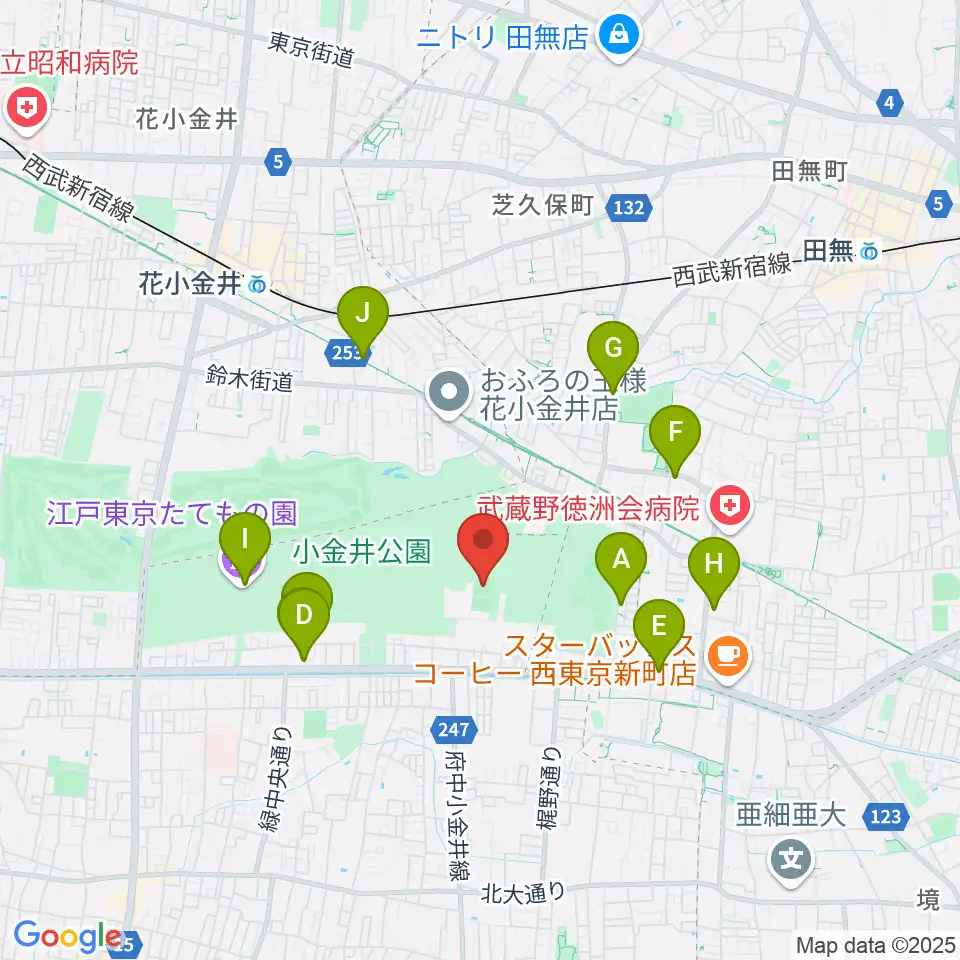 小金井公園多目的運動広場周辺のカフェ一覧地図