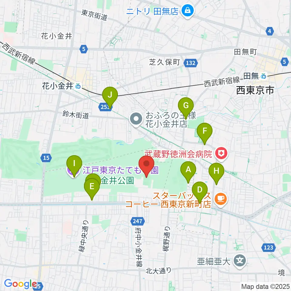 小金井公園多目的運動広場周辺のカフェ一覧地図