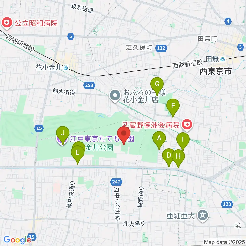 小金井公園多目的運動広場周辺のカフェ一覧地図