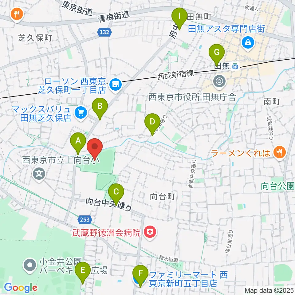 西東京市向台運動場周辺のカフェ一覧地図