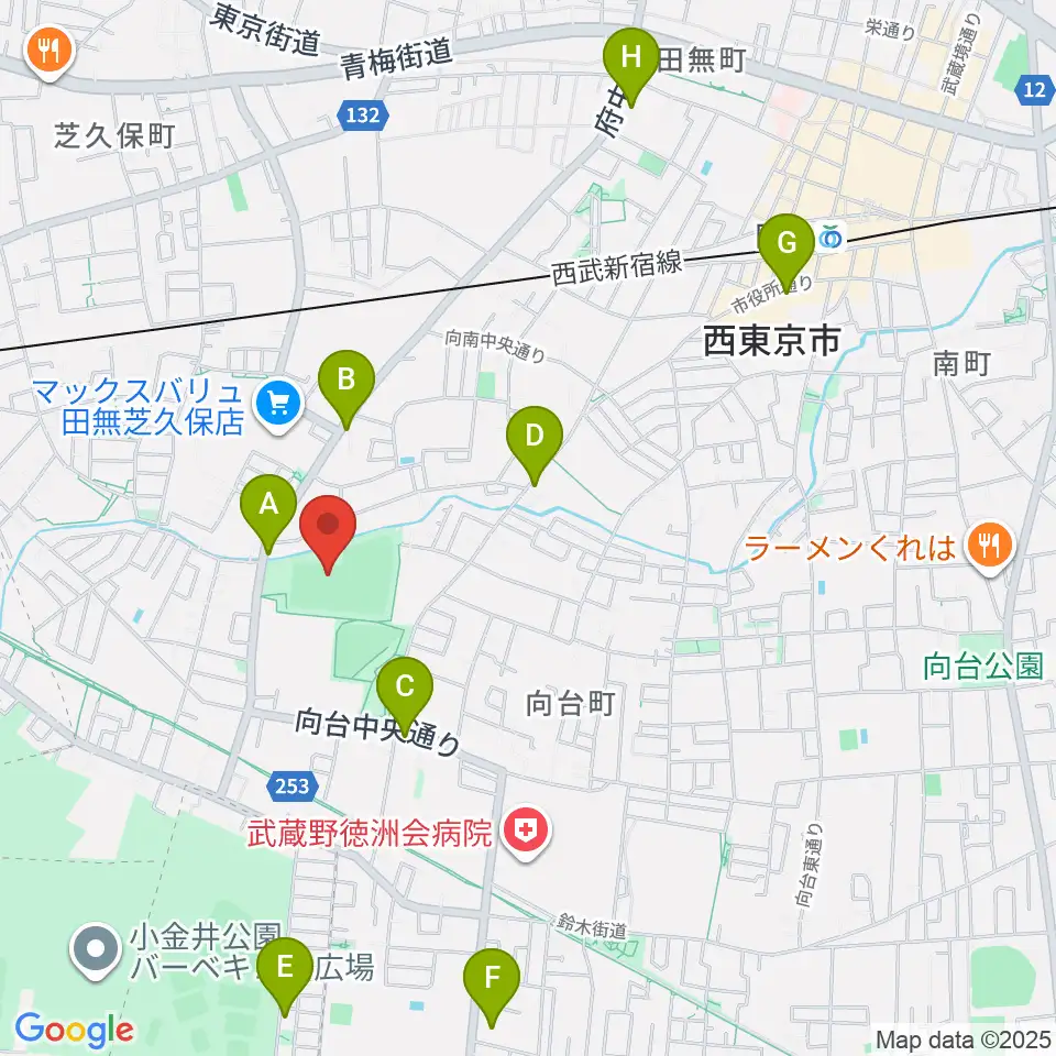 西東京市向台運動場周辺のカフェ一覧地図
