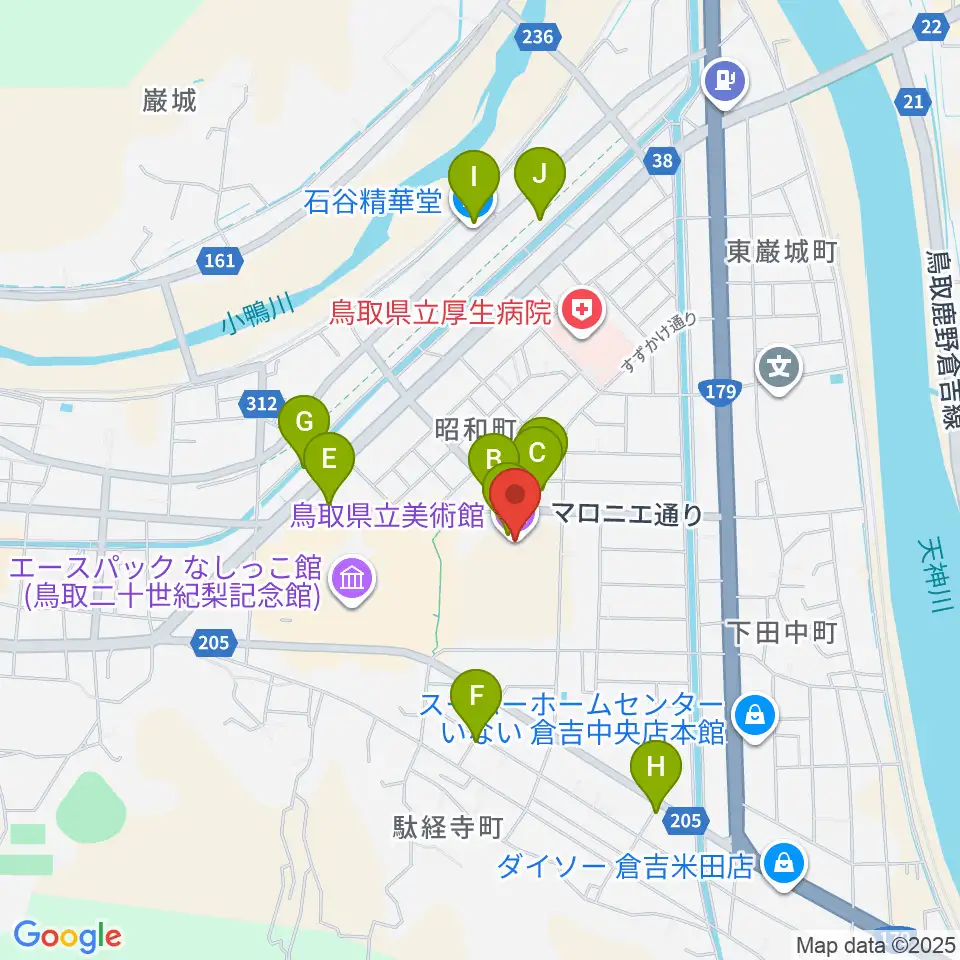 鳥取県立美術館周辺のカフェ一覧地図