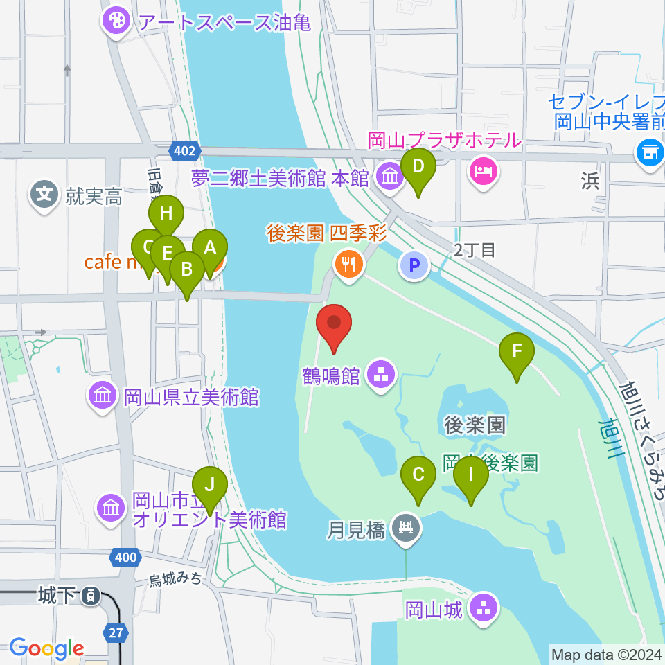 岡山県立博物館周辺のカフェ一覧地図