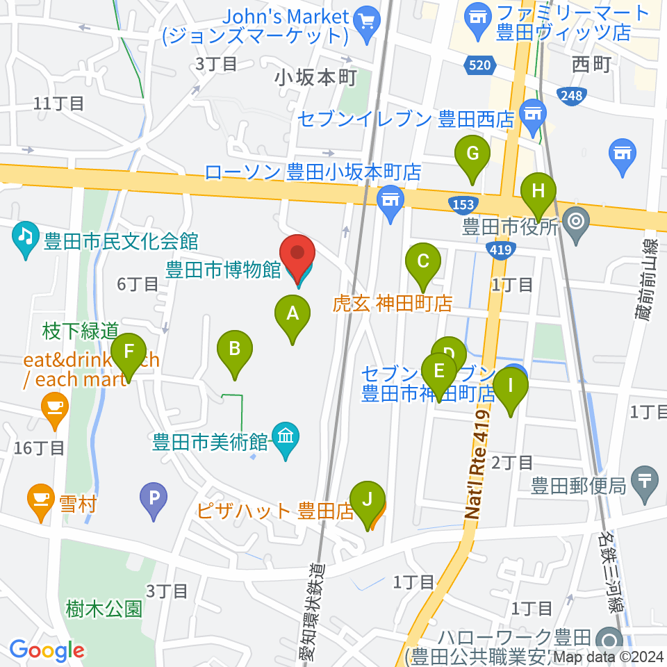 豊田市博物館周辺のカフェ一覧地図