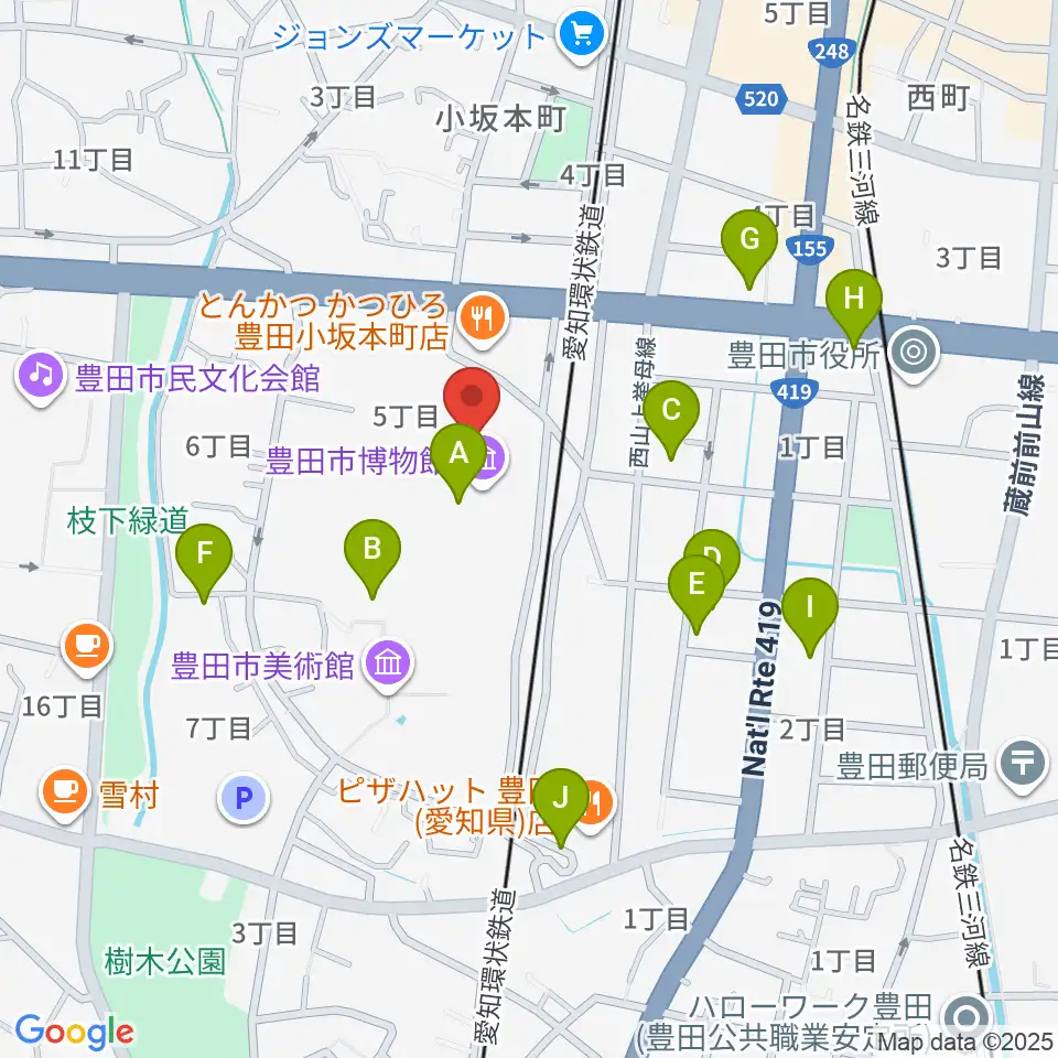 豊田市博物館周辺のカフェ一覧地図