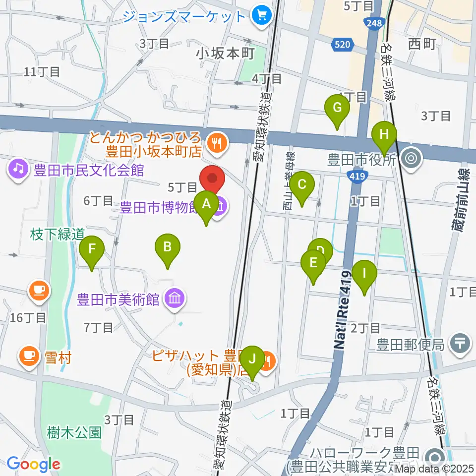 豊田市博物館周辺のカフェ一覧地図