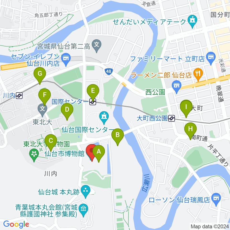 仙台市博物館周辺のカフェ一覧地図