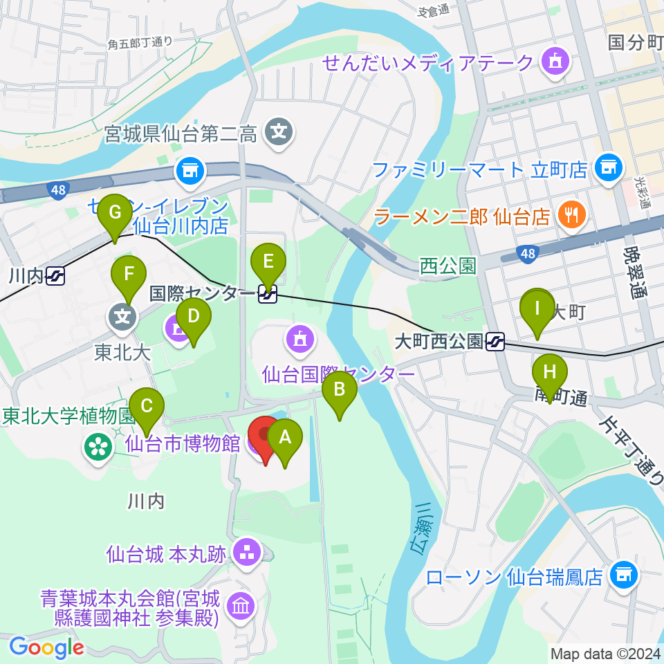 仙台市博物館周辺のカフェ一覧地図