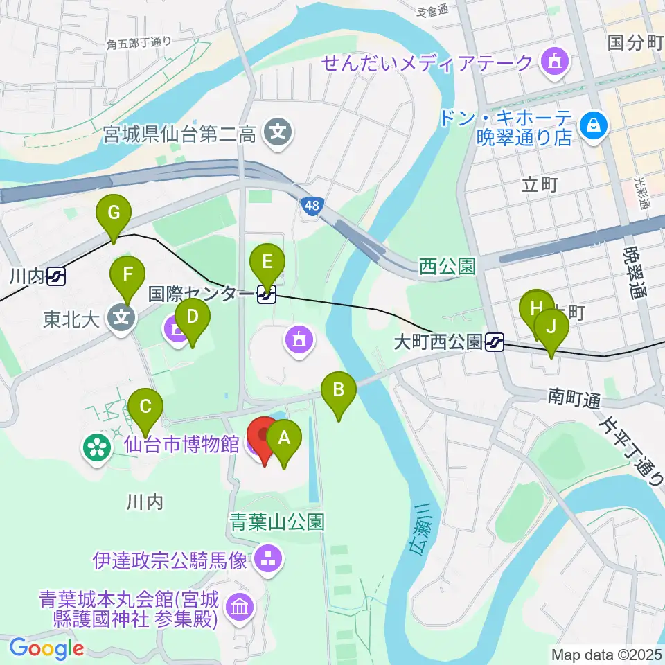 仙台市博物館周辺のカフェ一覧地図