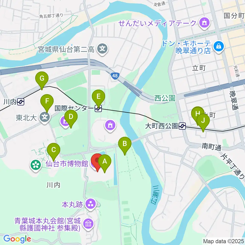 仙台市博物館周辺のカフェ一覧地図