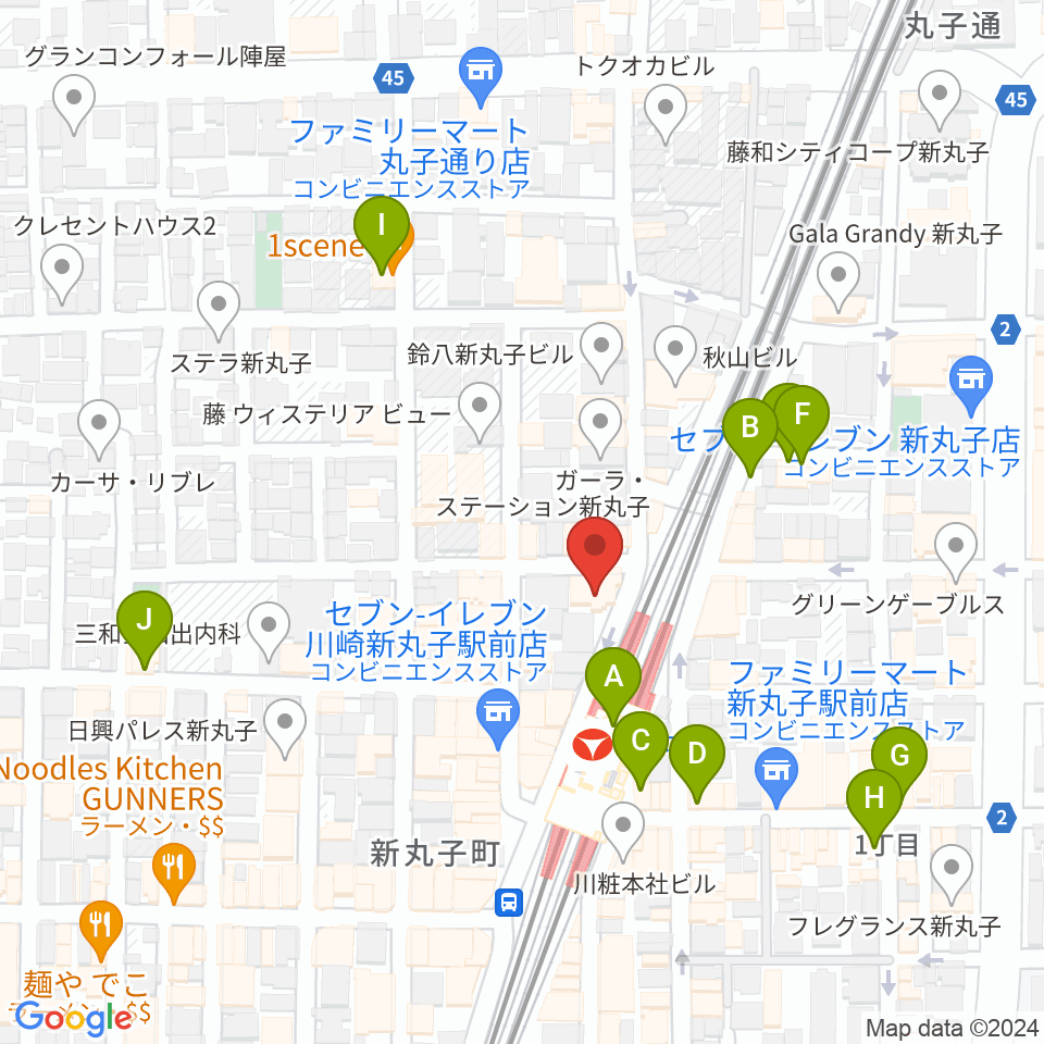 スタジオミュジック 新丸子店周辺のカフェ一覧地図