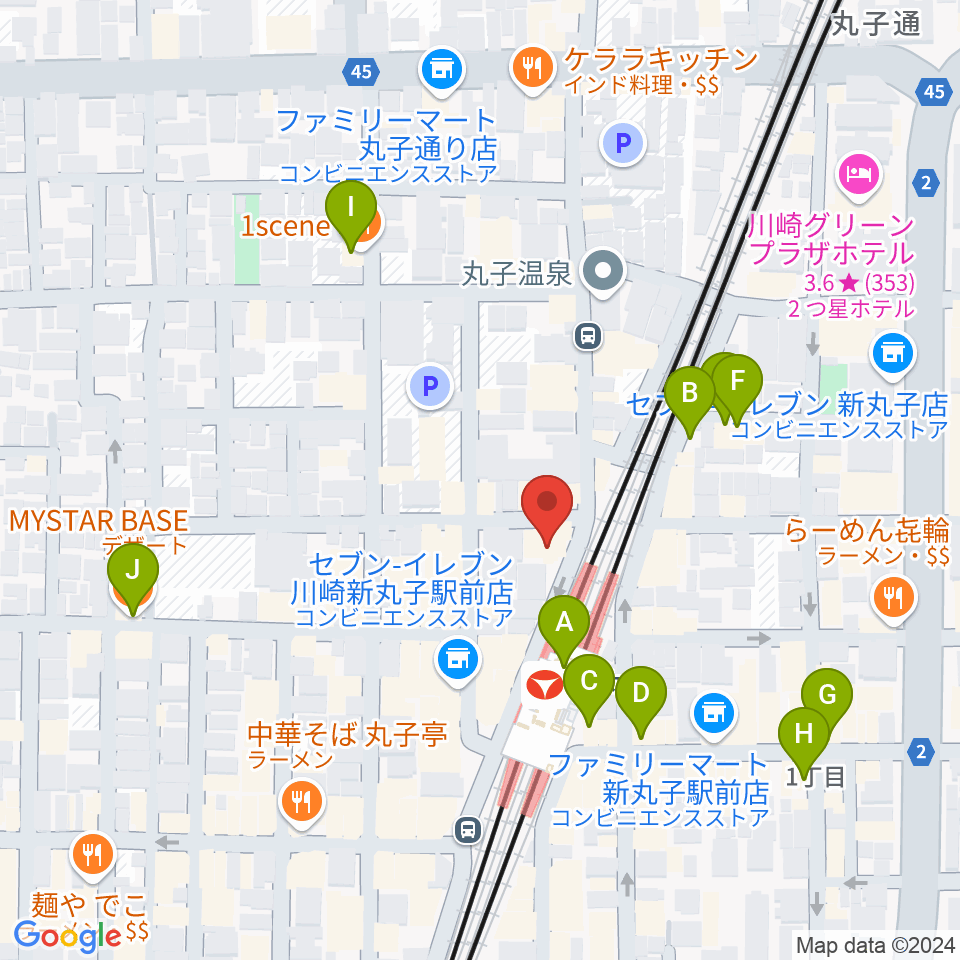 スタジオミュジック 新丸子店周辺のカフェ一覧地図