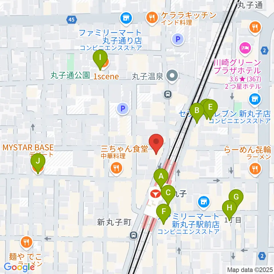 スタジオミュジック 新丸子店周辺のカフェ一覧地図