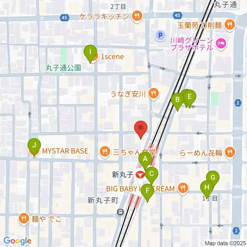 スタジオミュジック 新丸子店周辺のカフェ一覧地図
