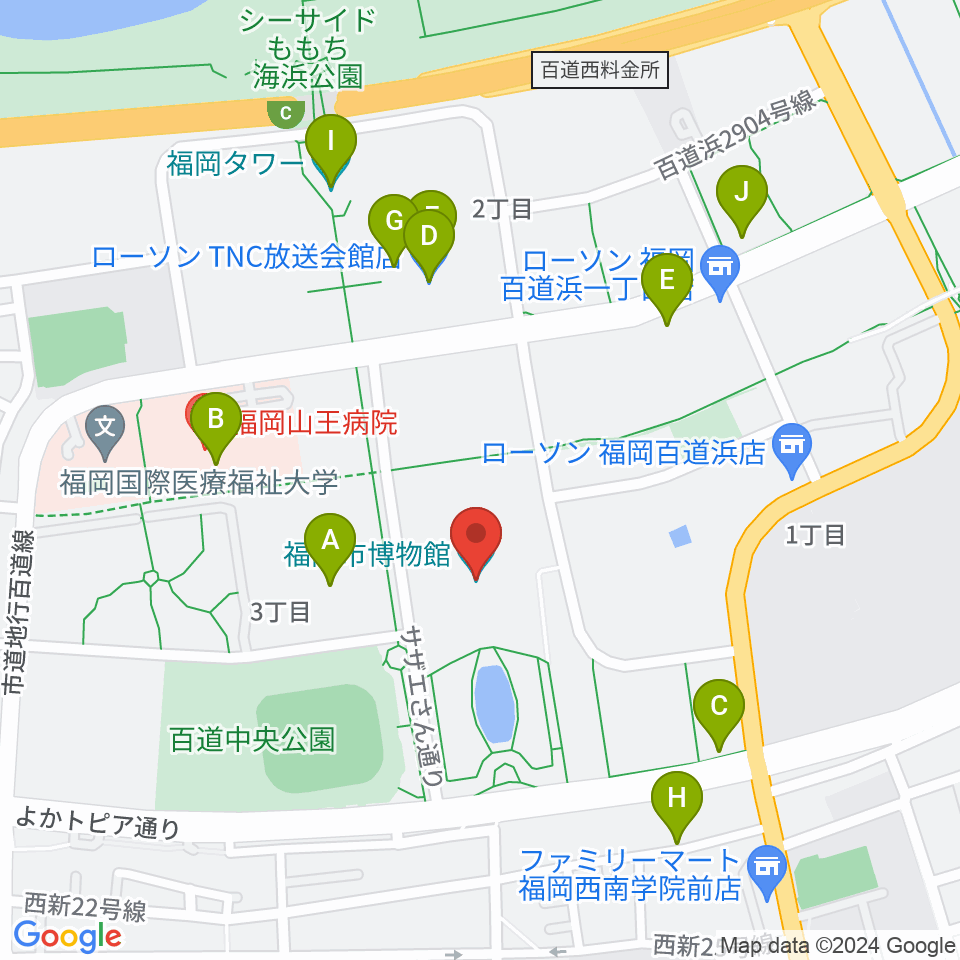 福岡市博物館周辺のカフェ一覧地図