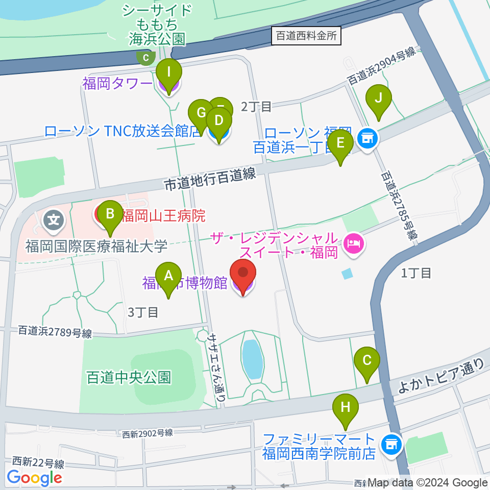 福岡市博物館周辺のカフェ一覧地図