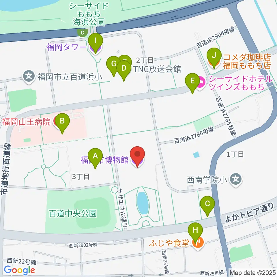 福岡市博物館周辺のカフェ一覧地図